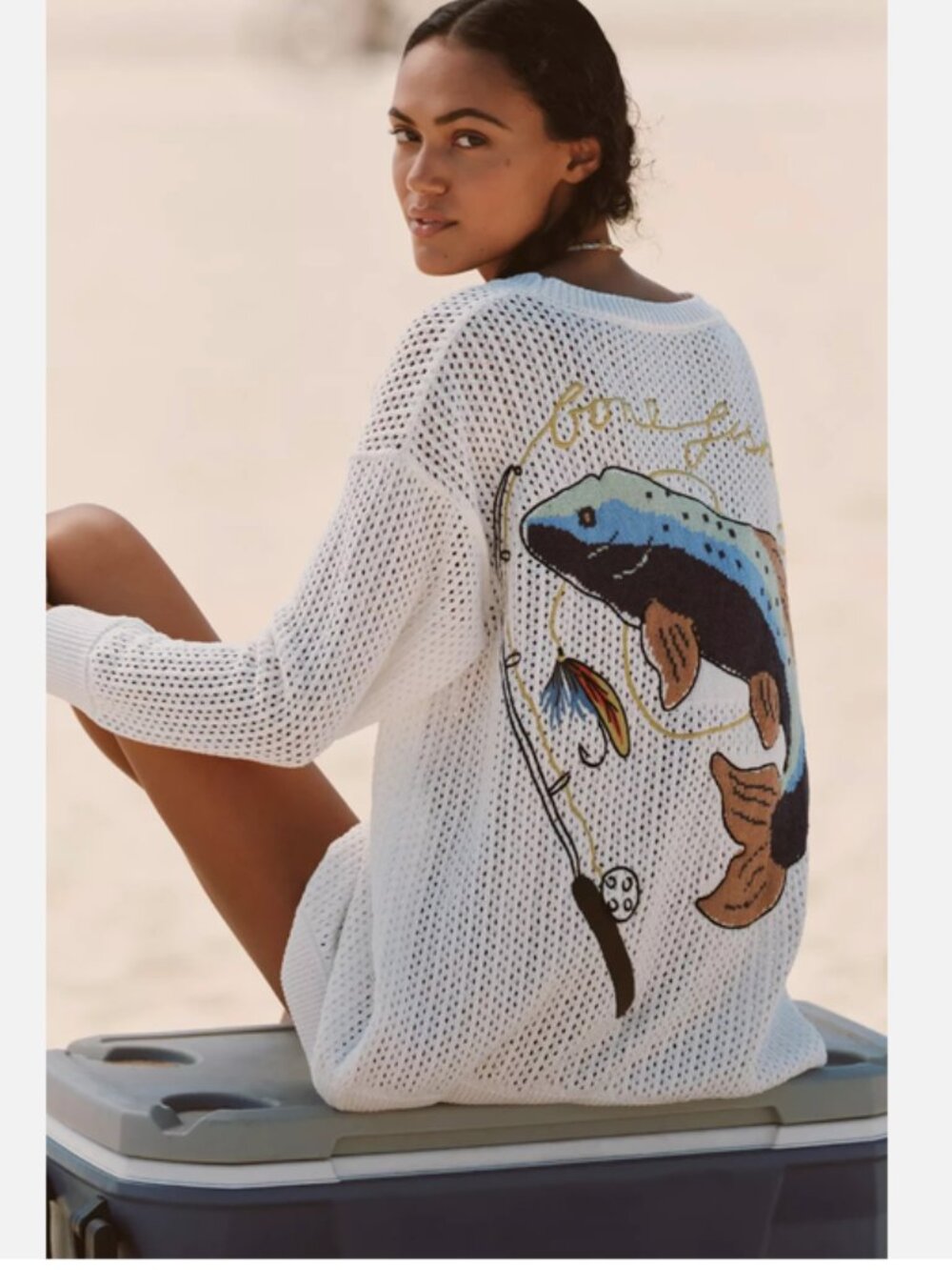 Anthropologie Celandine Icon Cardigan Sweater Fish Fishing Nautical L NWT Large